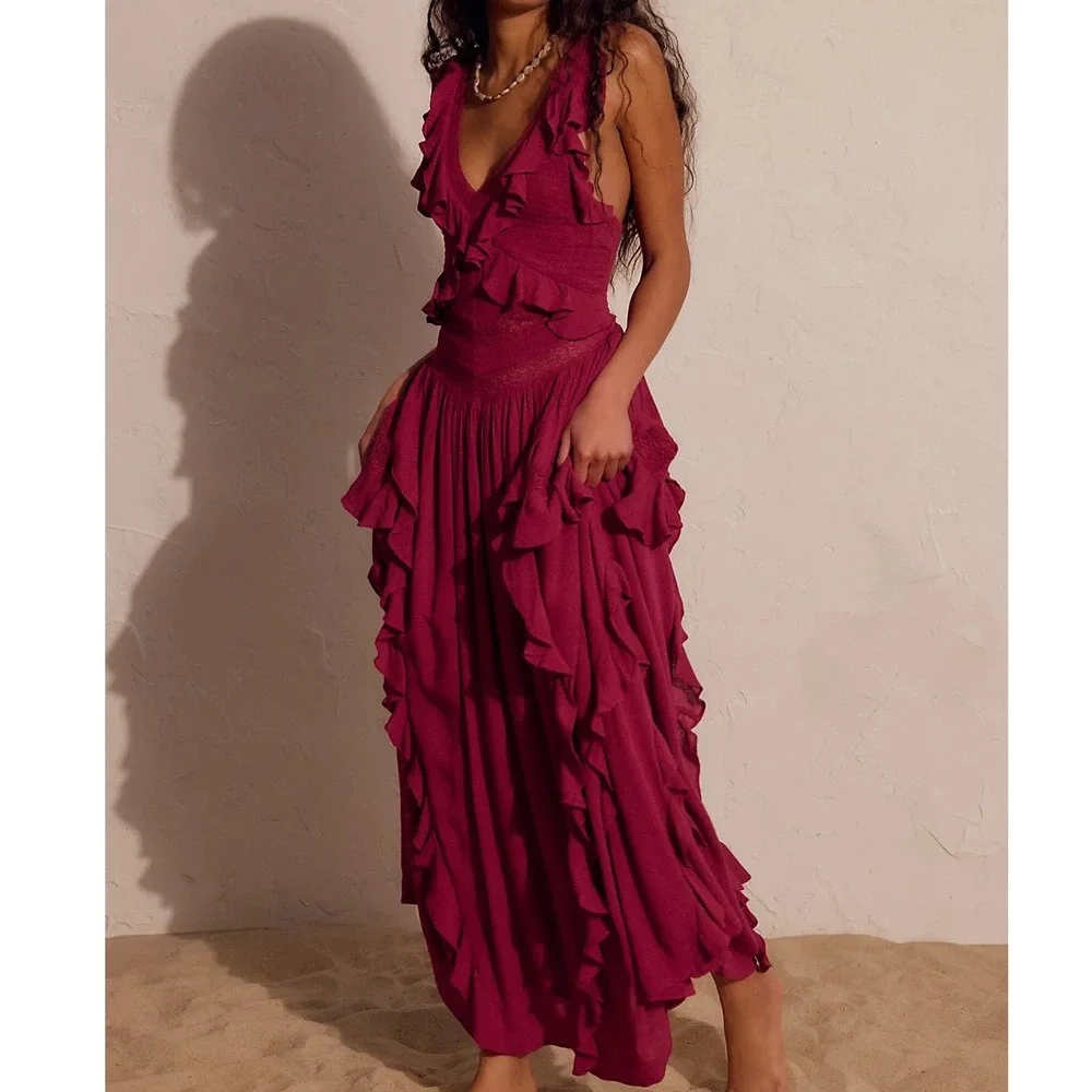 Free People Free-est Marsai Maxi Dress Summer Cherries Ruffle Smock - XSmall - Picture 1 of 6